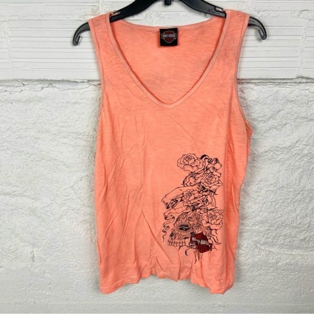 Harley-Davidson Peach scull floral V neck moto biker Graphic Top size medium